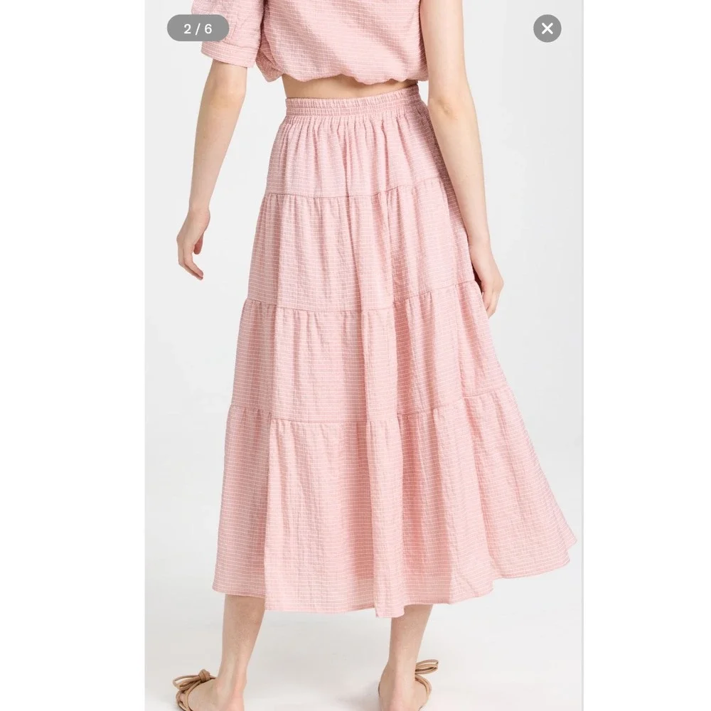EN SAISON |‎ Peach Pink Sparkle Tiered Boho Feminine Stripe Midi Skirt, Size S